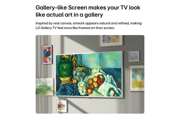 LG Gallery TV AI with frame LX7 ART TV featuring Dynamic QNED Color displays a close-up of richly textured painting artwork, where intensified reds, yellows, and greens highlight its 100% Color Volume, bringing art to life.